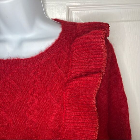 See and Be Seen Fire Away Ruby Red Sweater Ruffle Front Metallic Trim M - Picture 7 of 12